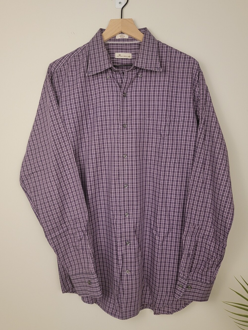 Peter Millar Purple Navy Plaid Button Down Dress Shirt Cotton Men's Large